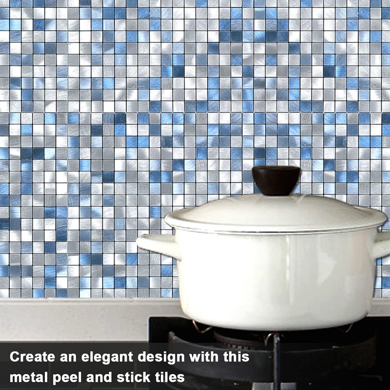 BeNice Peel and Stick Backsplash Tile Stickers  Kitchen Bathroom Wall Adhesive Small Metal Tiles Square-5sheets Blue Mix - Image 3